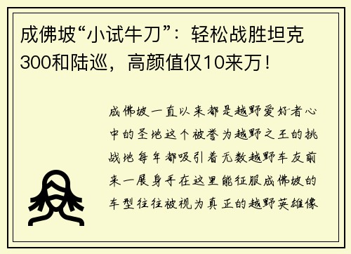 成佛坡“小试牛刀”：轻松战胜坦克300和陆巡，高颜值仅10来万！