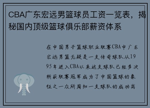 CBA广东宏远男篮球员工资一览表，揭秘国内顶级篮球俱乐部薪资体系