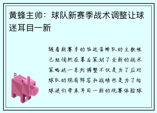 黄蜂主帅：球队新赛季战术调整让球迷耳目一新